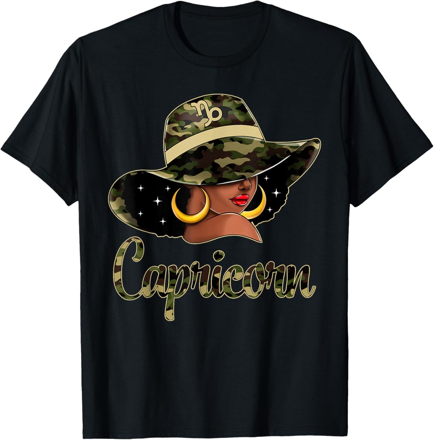 Capricorn Queen Black Woman With Hat Camo Afro Woman Zodiac T-Shirt - T-Shirt | Black