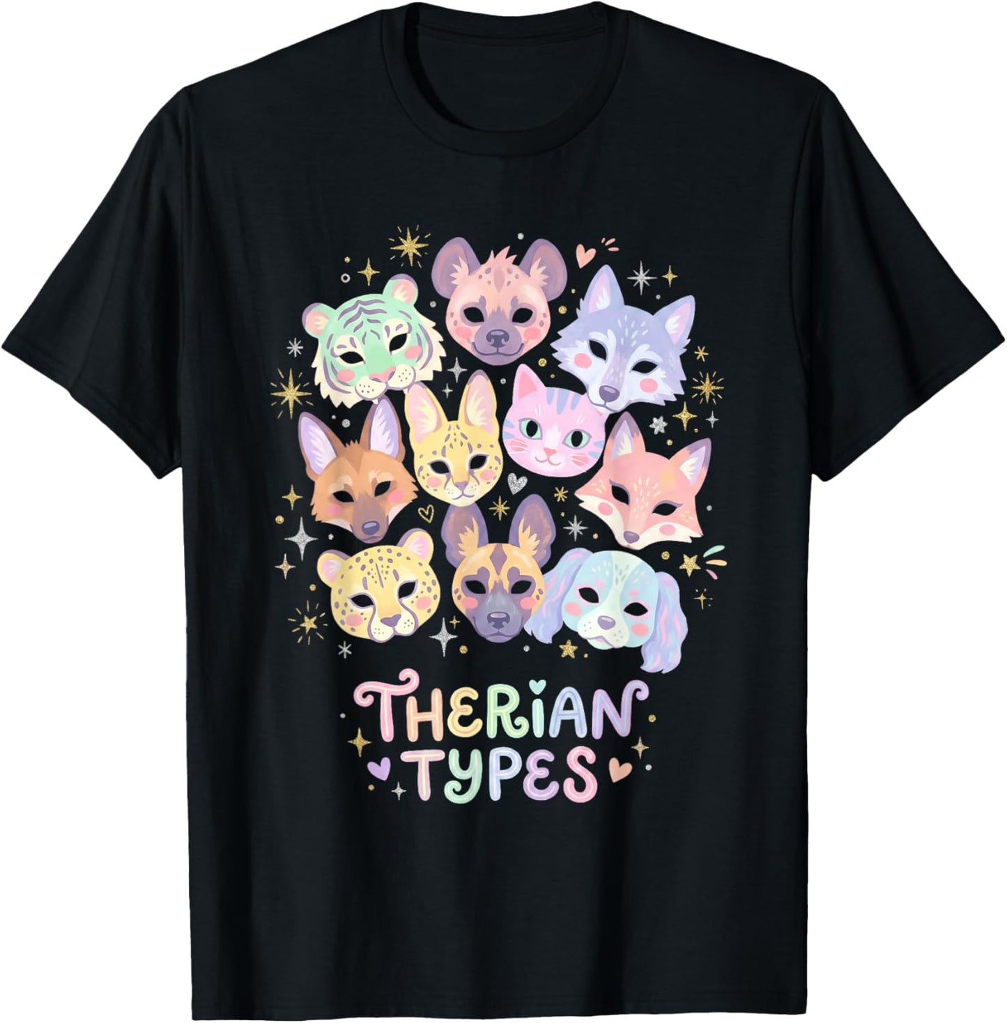 Therian Types Animal Identity Faces Pastel Art T-Shirt - T-Shirt | Black