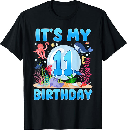It's My 11th Birthday Ocean Sea Animals 11 Year Old Birthday T-Shirt - T-Shirt | Black