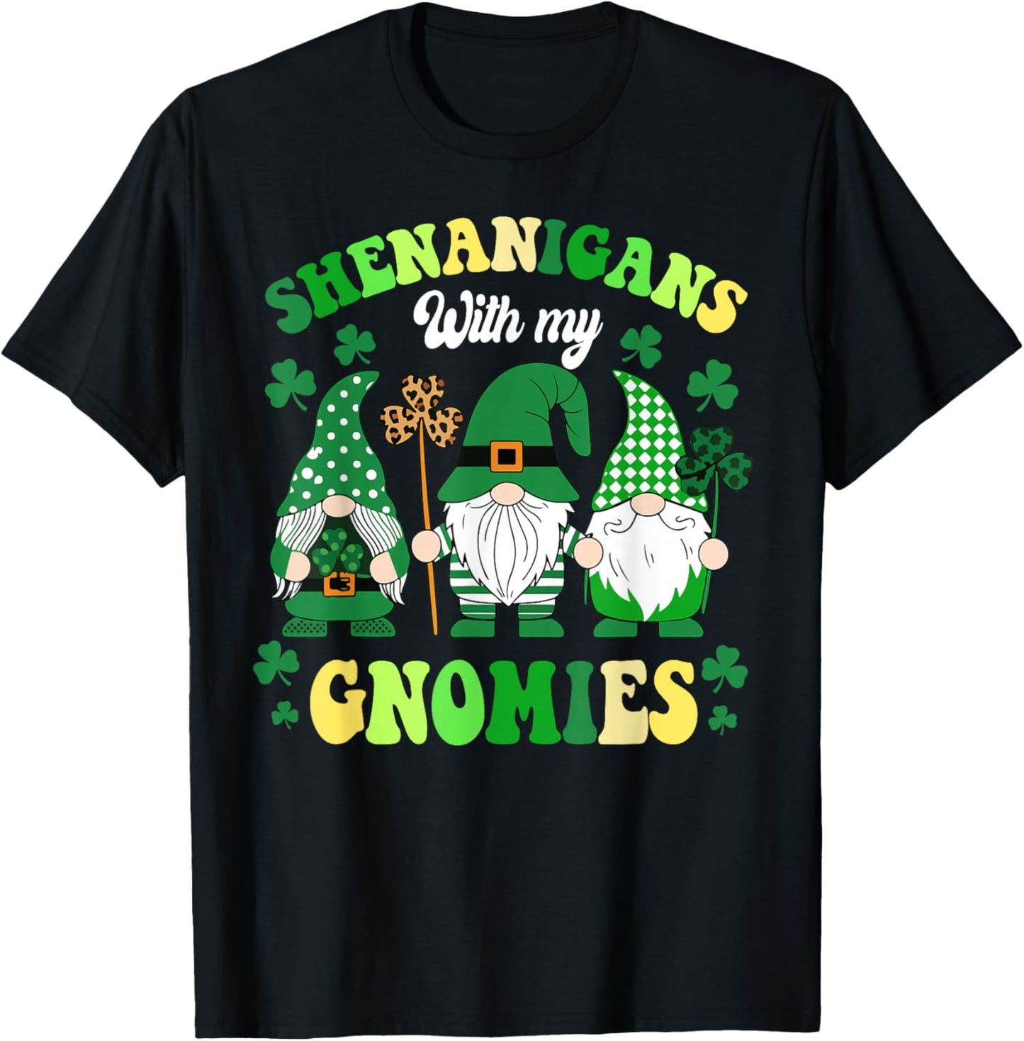 Groovy St Patricks Day Lucky Shamrock Gnomes Irish Women T-Shirt - T-Shirt | Black