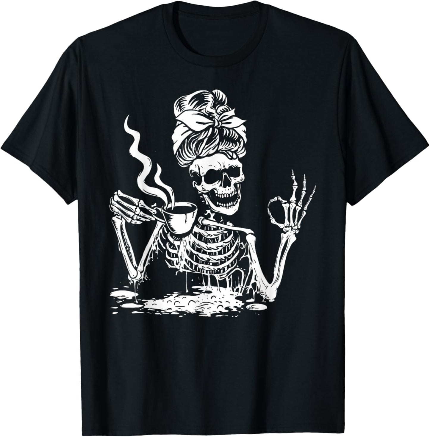 Skeleton Drinking Coffee Messy Bun Women Halloween Skeleton T-Shirt - T-Shirt | Black
