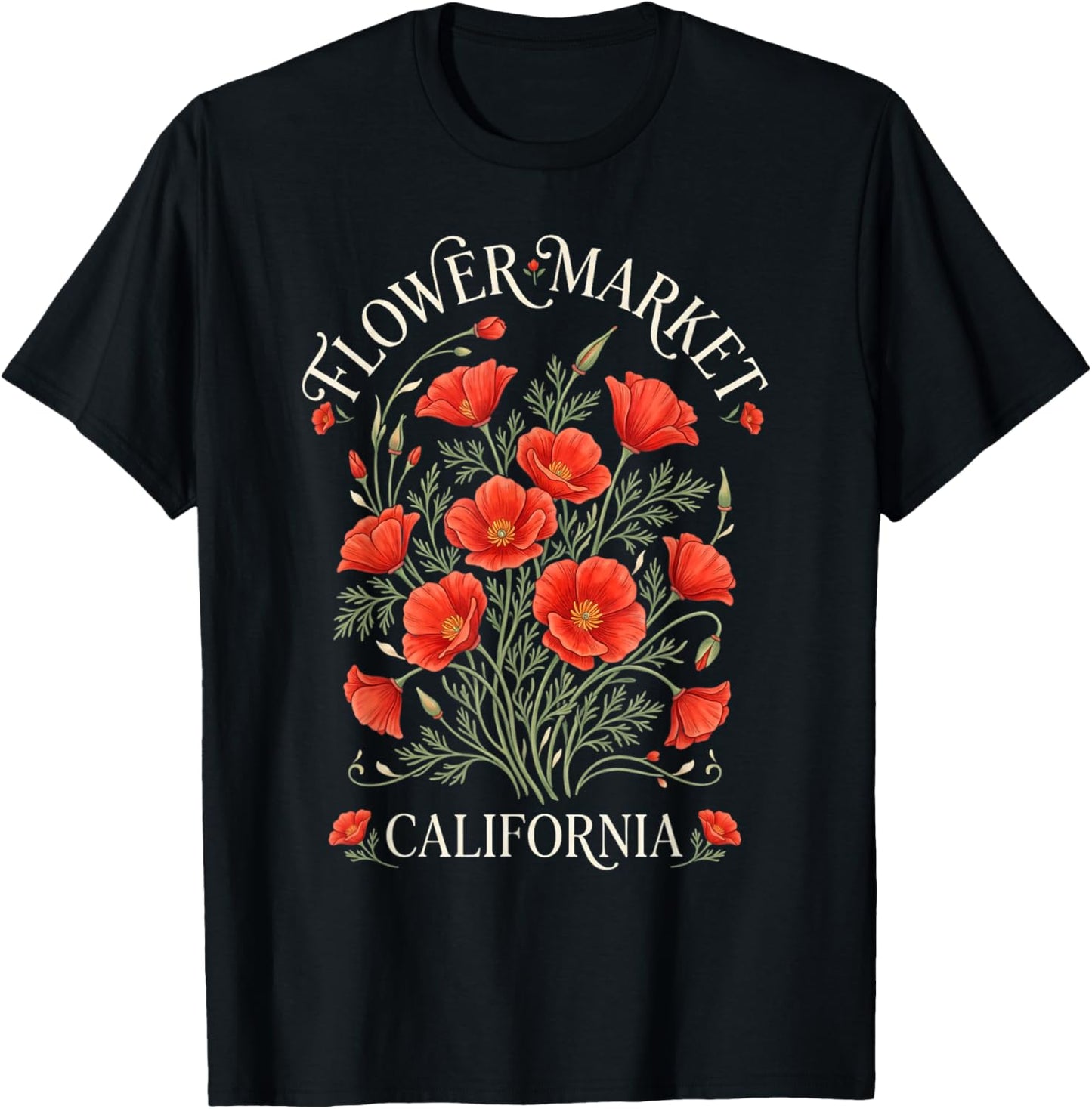 California Poppy Flower Market Red Poppies Floral T-Shirt - T-Shirt | Black