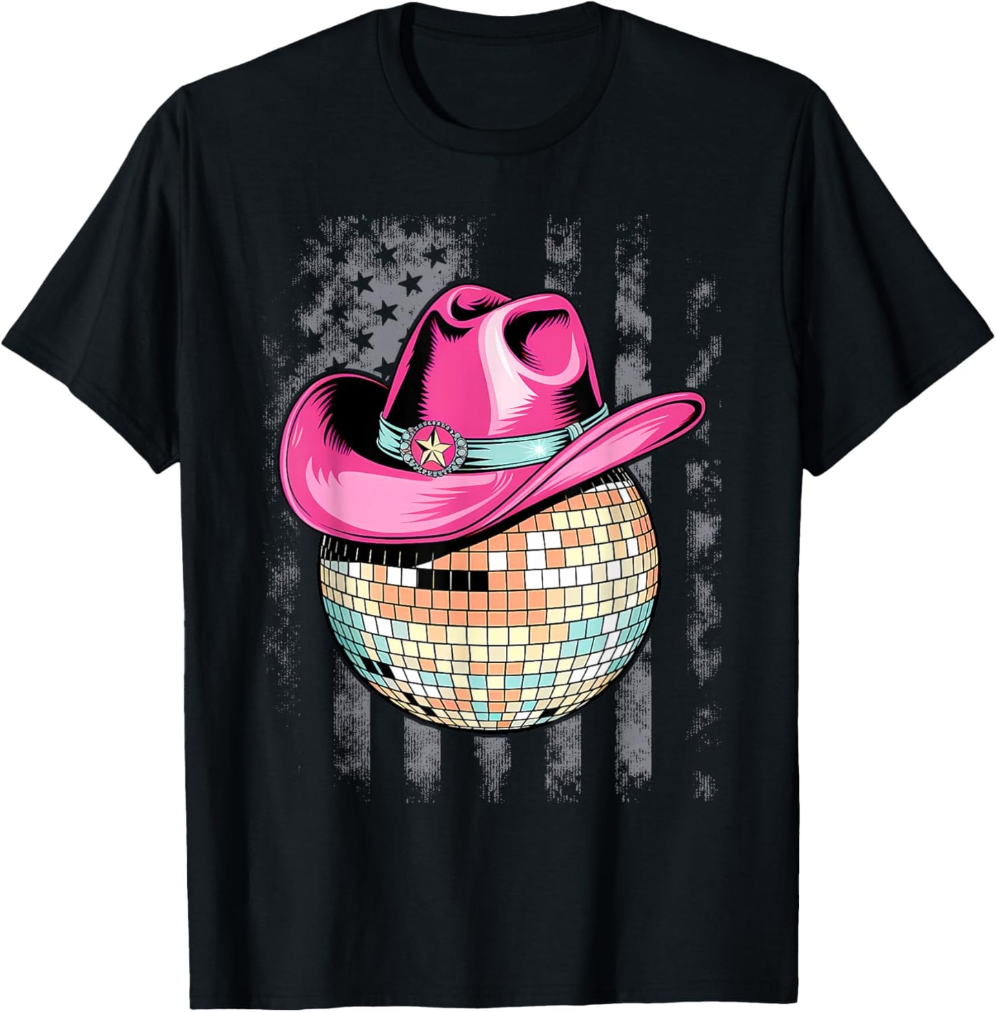 Retro Style Pink Cowboy Hat Club Disco Ball T-Shirt - T-Shirt | Black