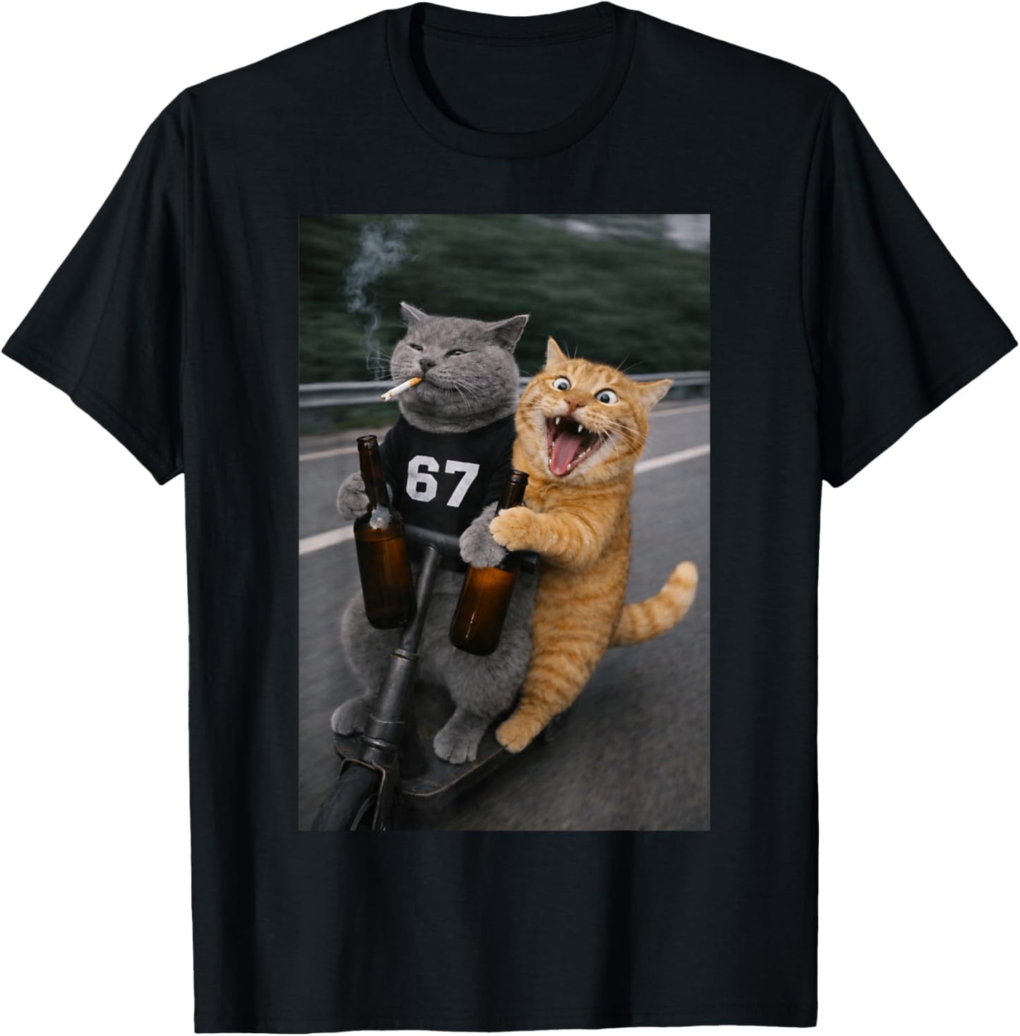Funny cat Smoking Cigarette and Drinking Wearing 67 T-Shirt - T-Shirt | Black