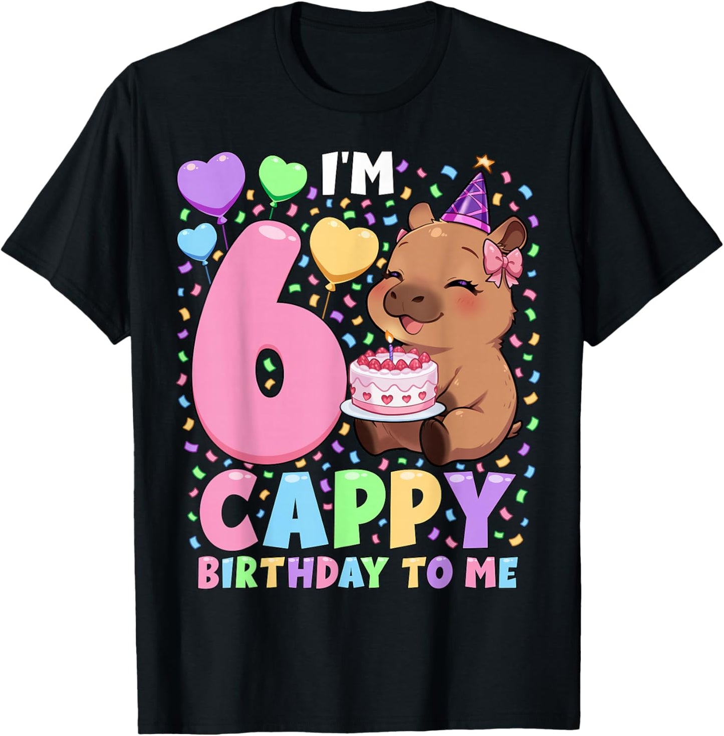 Capybara Birthday Shirt 6 Kawaii Girl Capybara 6th Birthday T-Shirt - T-Shirt | Black