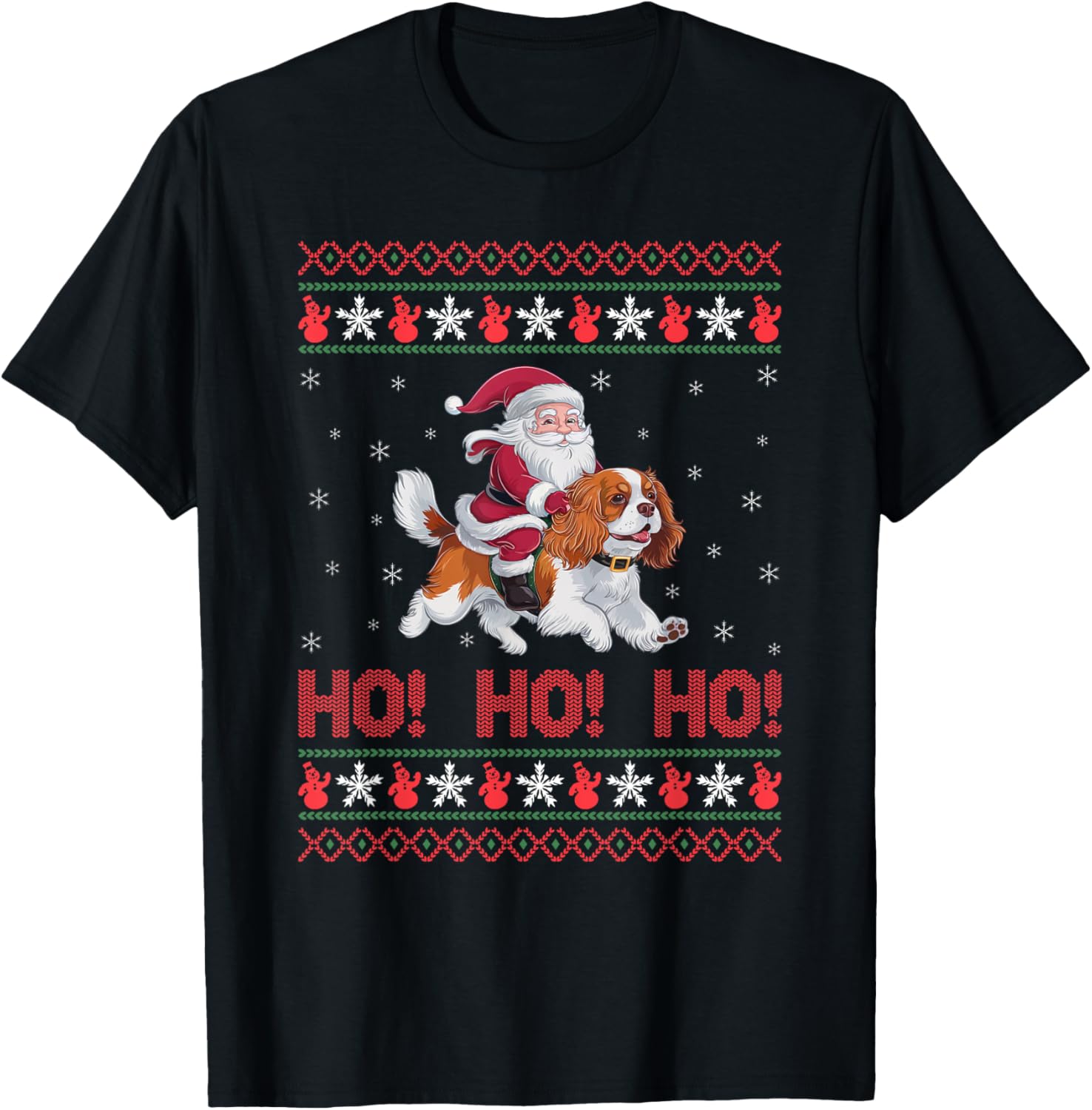Ho Ho Ho Santa Riding Cavalier King Charles Spaniel Dog Xmas T-Shirt - T-Shirt | Black