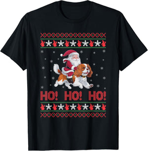 Ho Ho Ho Santa Riding Cavalier King Charles Spaniel Dog Xmas T-Shirt - T-Shirt | Black