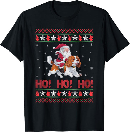 Ho Ho Ho Santa Riding Cavalier King Charles Spaniel Dog Xmas T-Shirt - T-Shirt | Black