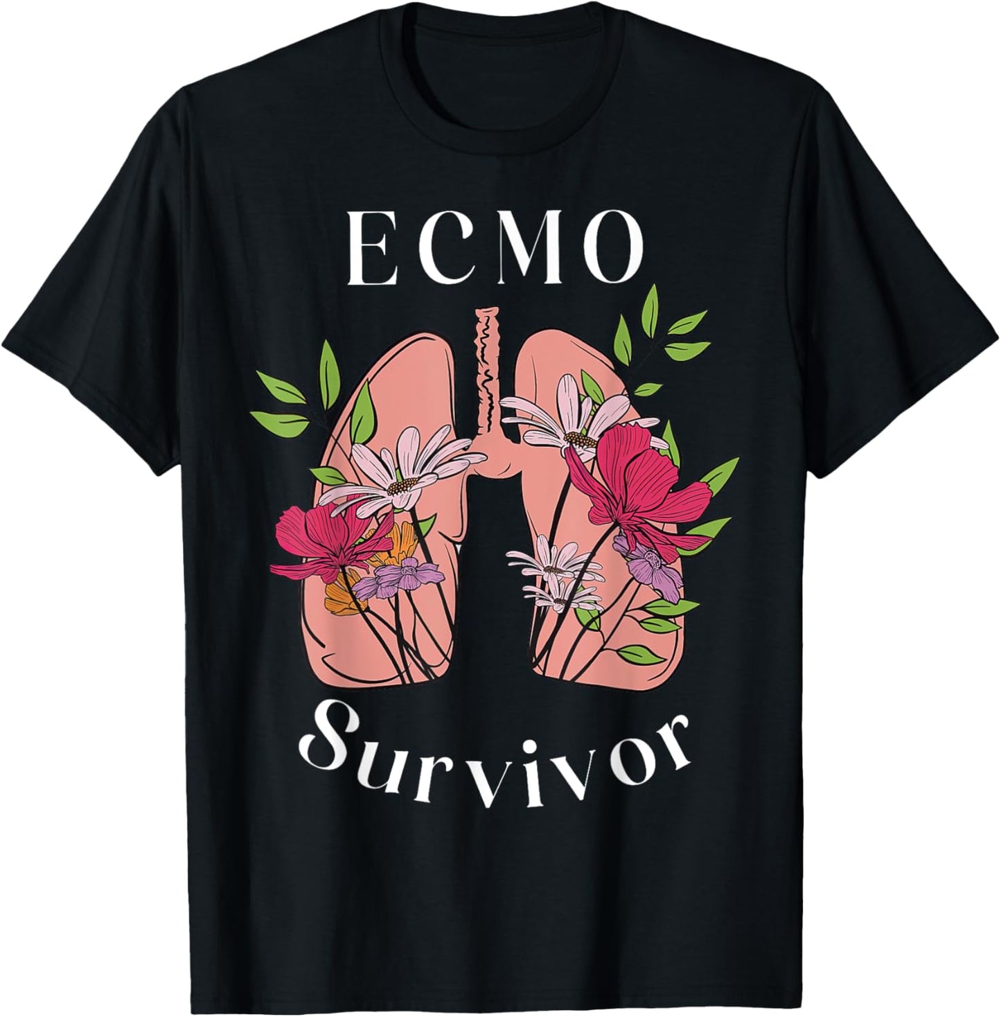Floral Lungs ECMO Survivor ECMO Oxygenator Nurse Hospital T-Shirt - T-Shirt | Black