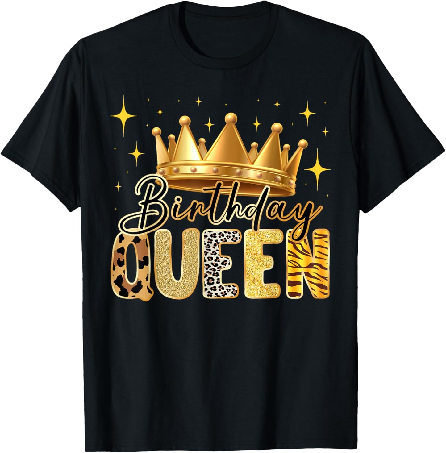 Birthday Queen Animal Print Style with Crown and Stars T-Shirt - T-Shirt | Black