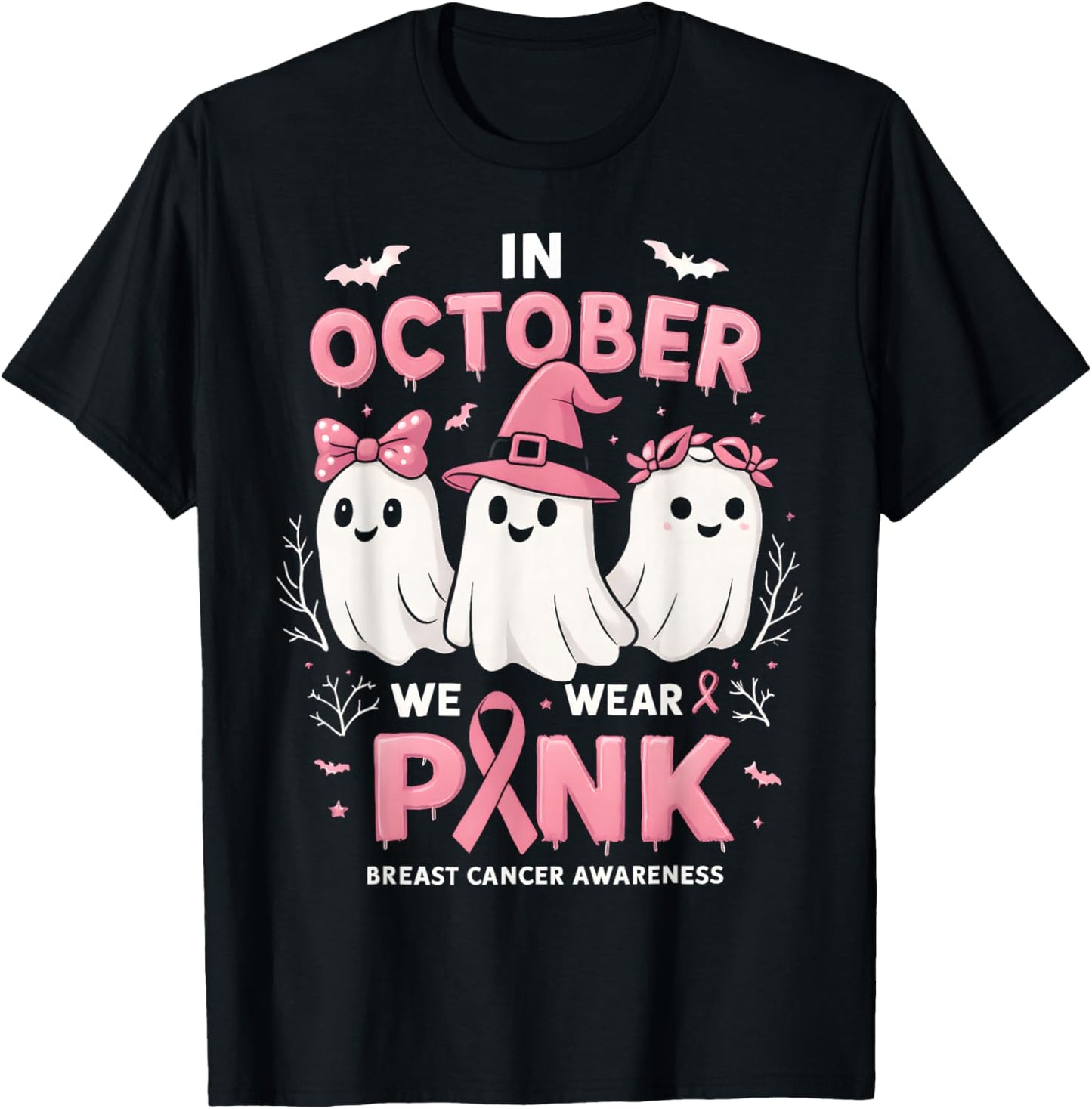 in October We Wear Pink Ghost Halloween Women Breast Cancer T-Shirt - T-Shirt | Black