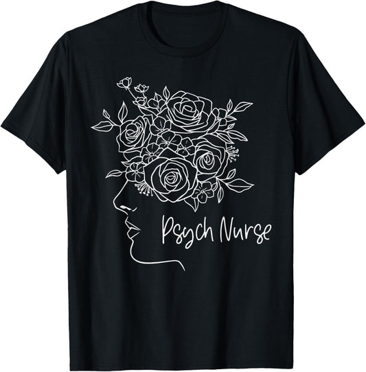 Floral Psych RN Psychiatric Nurse Week Mental Health Nursing T-Shirt - T-Shirt | Black