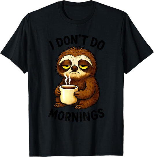 I Don't Do Mornings Funny Quote Sleepy Sloth Coffee Lover T-Shirt - T-Shirt | Black