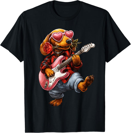 Cute Dachshund Playing Guitar Guitarist Dog Valentine's Day T-Shirt - T-Shirt | Black