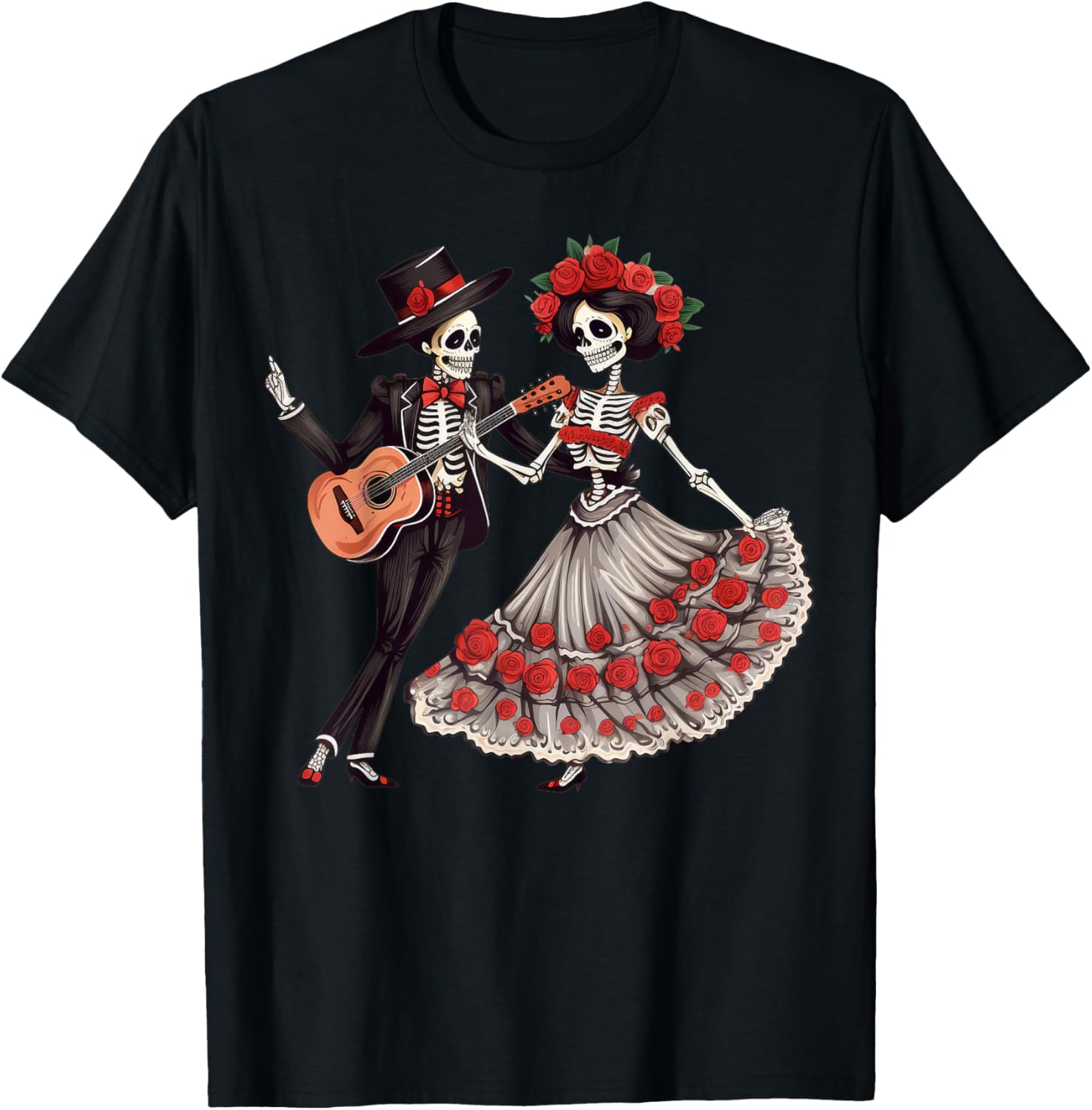 Dia De Los Muertos Dancing Skeletons Mexican Couple Matching T-Shirt - T-Shirt | Black