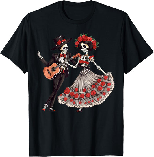 Dia De Los Muertos Dancing Skeletons Mexican Couple Matching T-Shirt - T-Shirt | Black