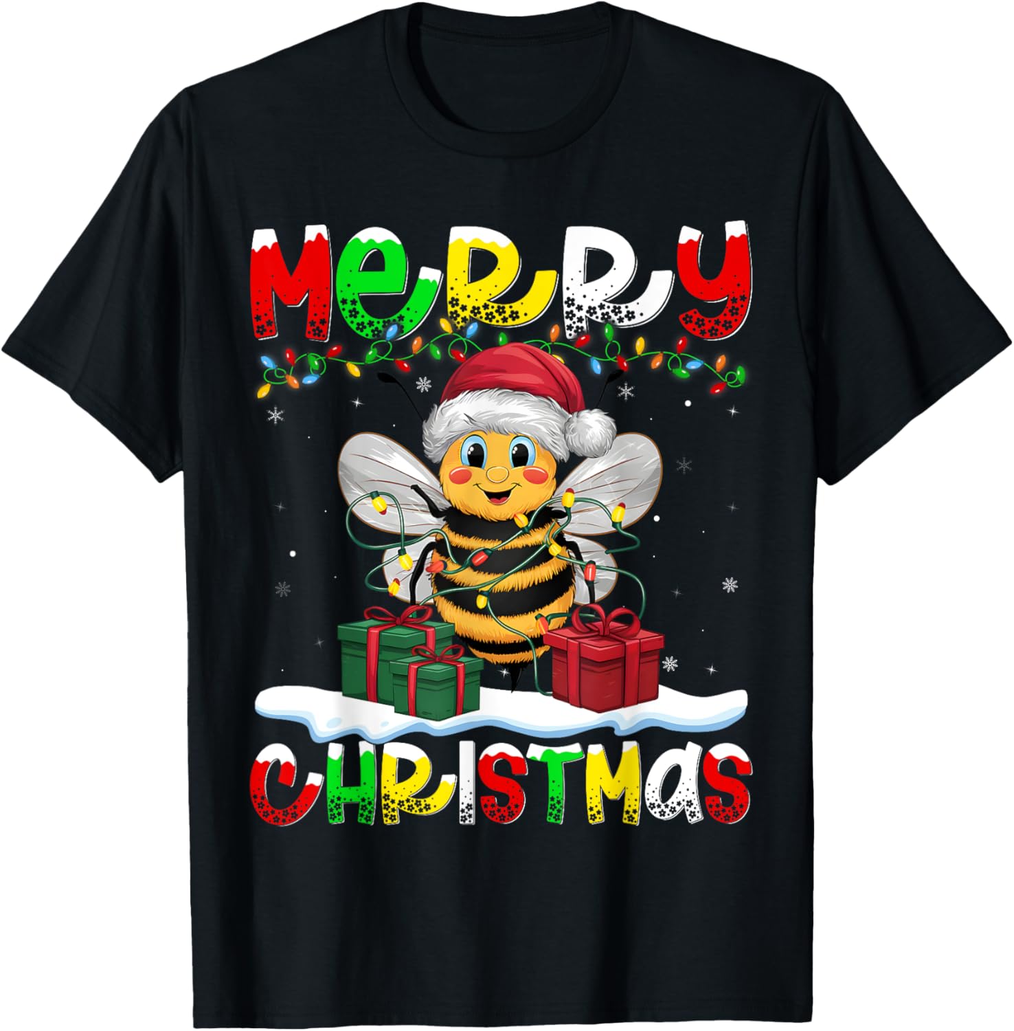 Xmas Lighting Santa Hat Bee Merry Christmas T-Shirt - T-Shirt | Black