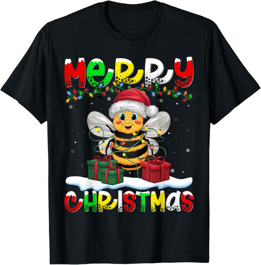 Xmas Lighting Santa Hat Bee Merry Christmas T-Shirt - T-Shirt | Black