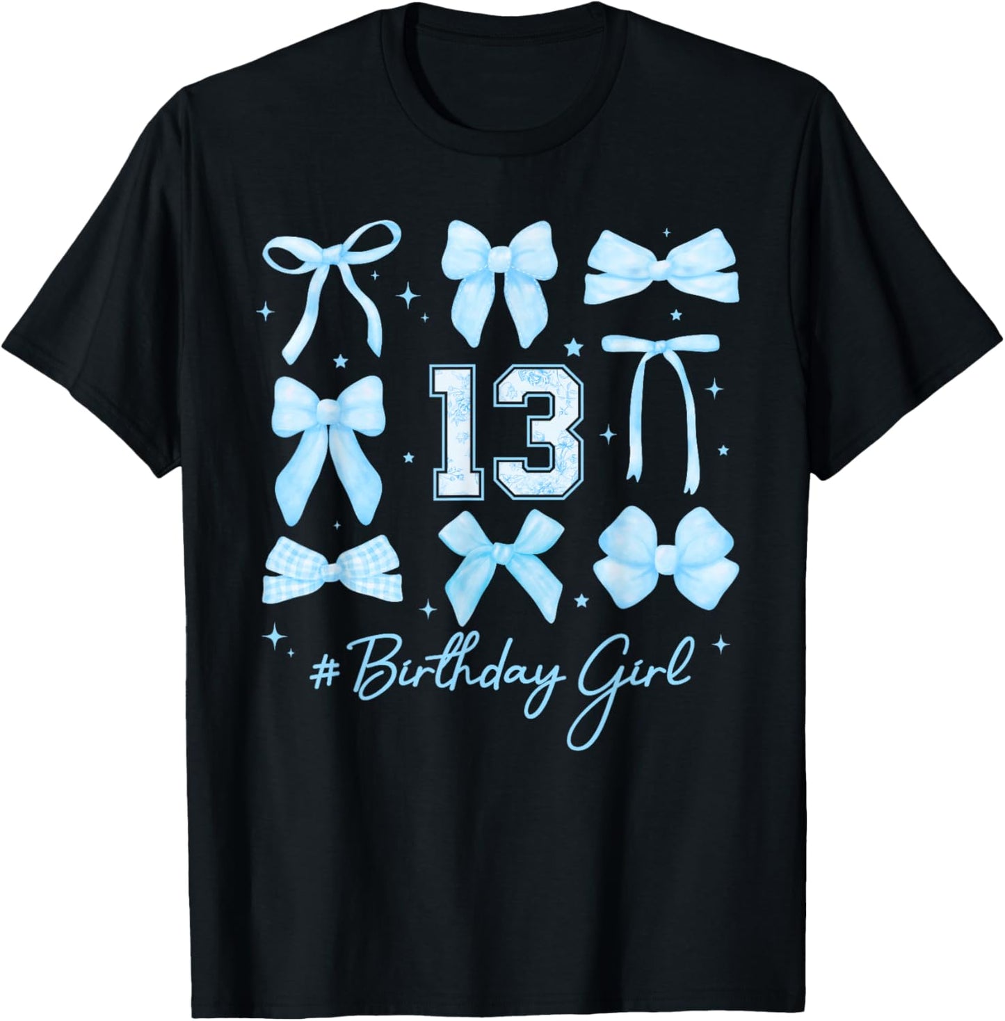 Birthday Girl 13th Blue Floral Coquette Bow Teenager T-Shirt - T-Shirt | Black