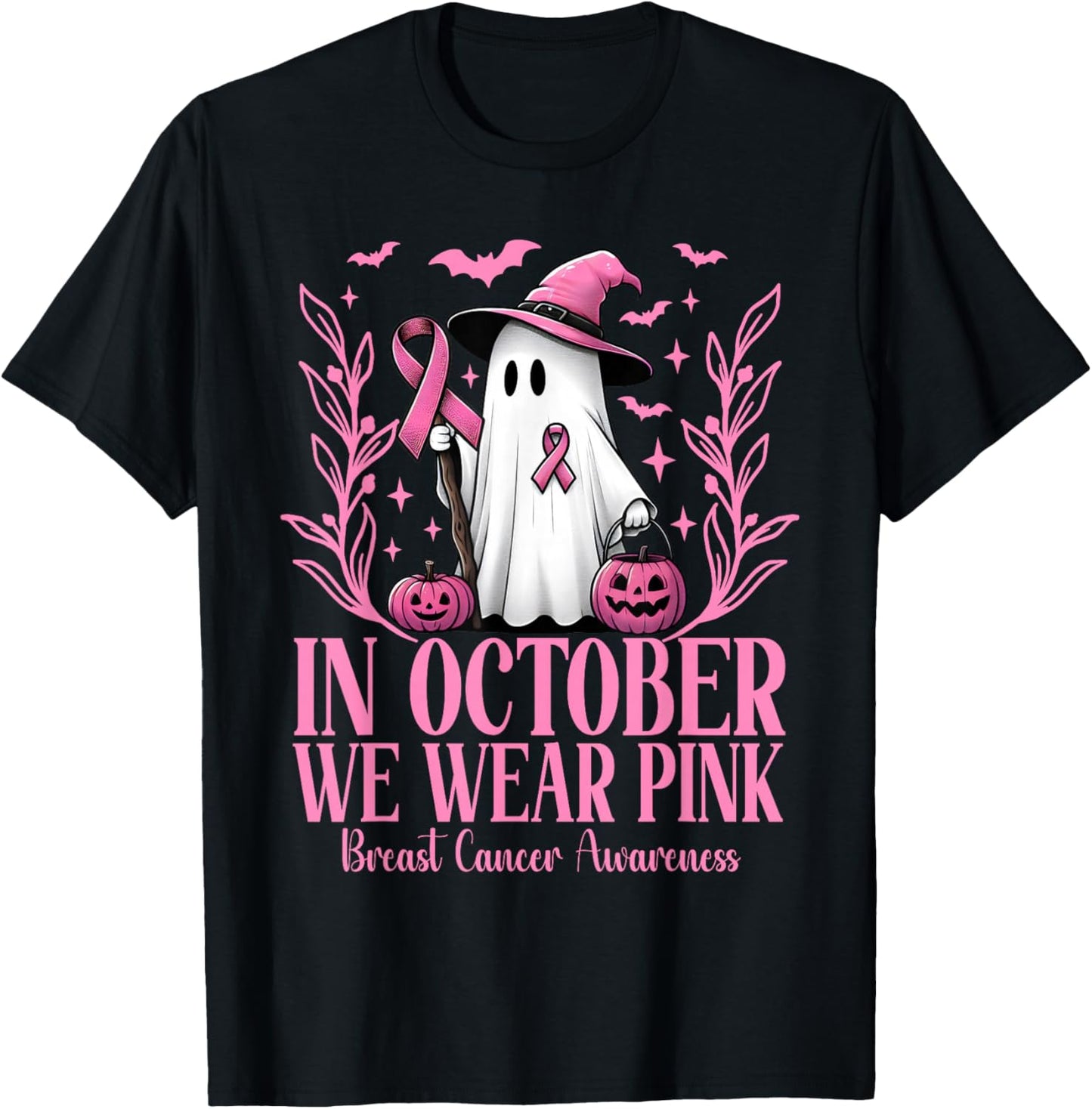 In October We Wear Pink Breast Cancer Witch Ghost Halloween T-Shirt - T-Shirt | Black