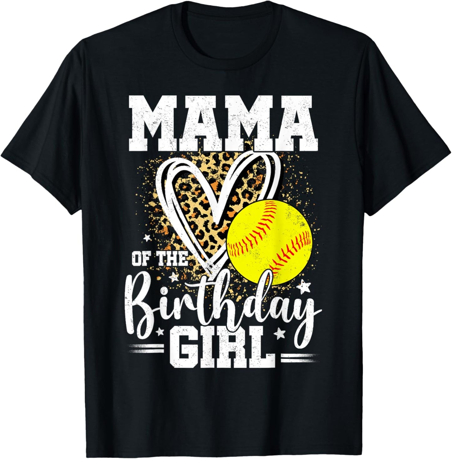 Mama of The Birthday Girl Softball Mama Leopard Heart T-Shirt - T-Shirt | Black