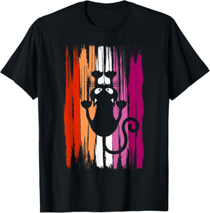 Climbing Cat with Scratches and Lesbian Pride Colors T-Shirt - T-Shirt | Black