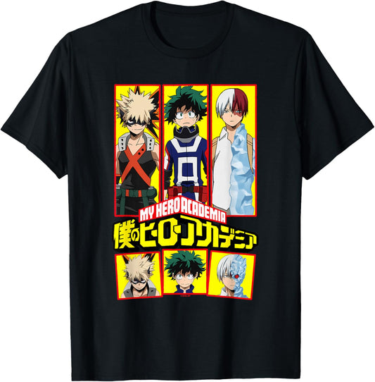 MHA Deku Bakugo Todoroki Framed Portraits Colorful Anime T-Shirt - T-Shirt | Black