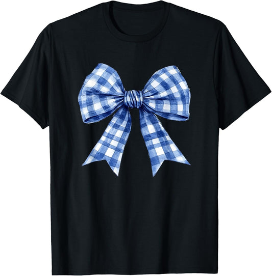 Blue Gingham Coquette Bow Trendy Retro Plaid Cute T-Shirt - T-Shirt | Black