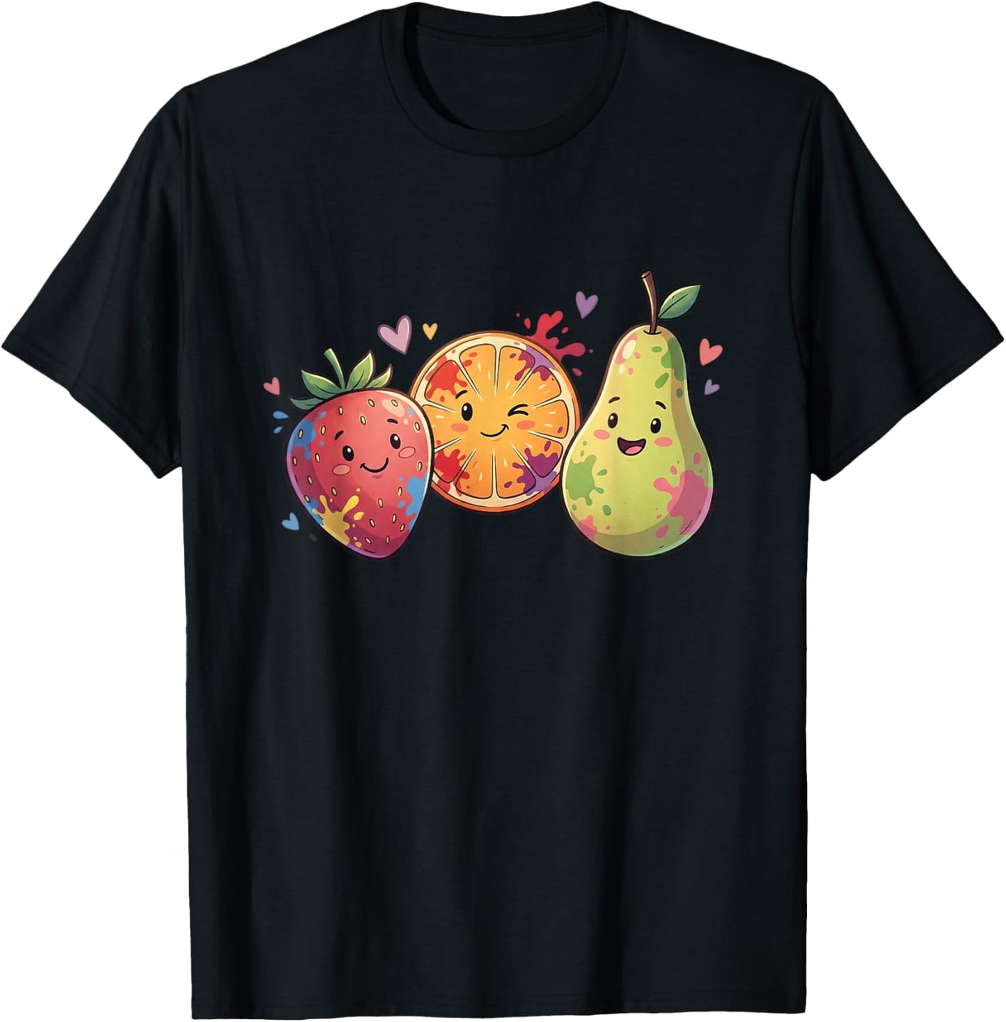 Smiling Fruit Friends Strawberry Orange Pear T-Shirt - T-Shirt | Black