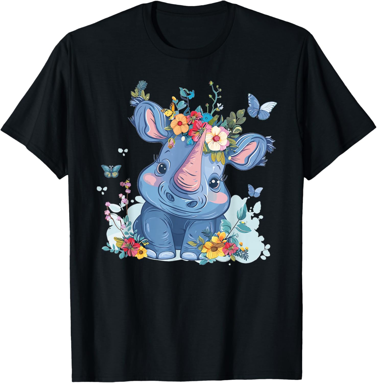 Cute Rhino With Flowers I Kids Rhino T-Shirt - T-Shirt | Black