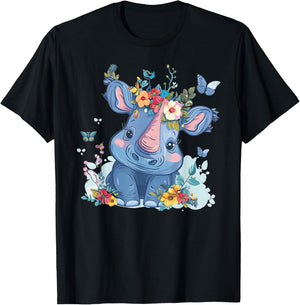 Cute Rhino With Flowers I Kids Rhino T-Shirt - T-Shirt | Black