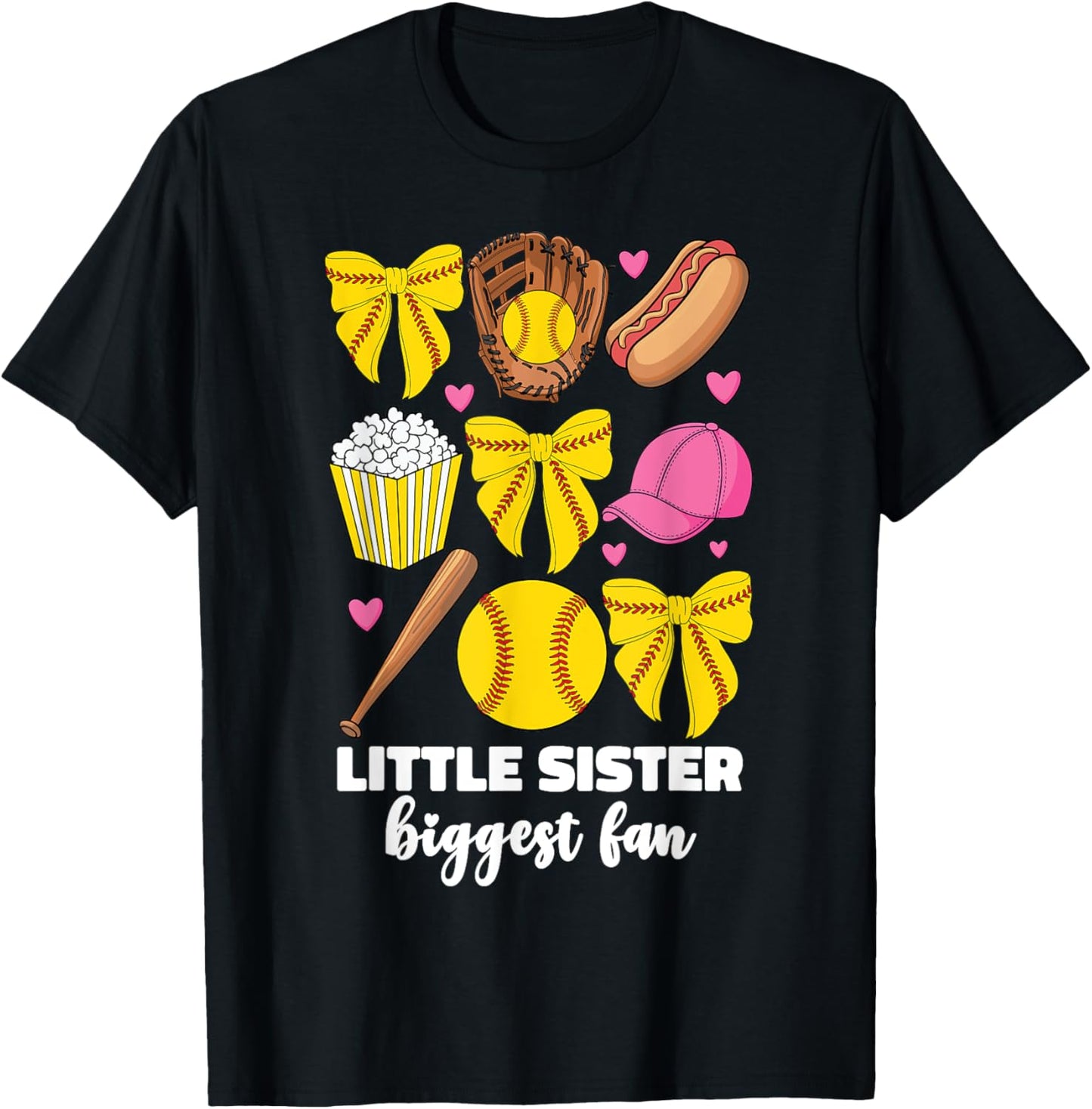 Little Sister Biggest Fan Softball Baby Girls Coquette Bow T-Shirt - T-Shirt | Black
