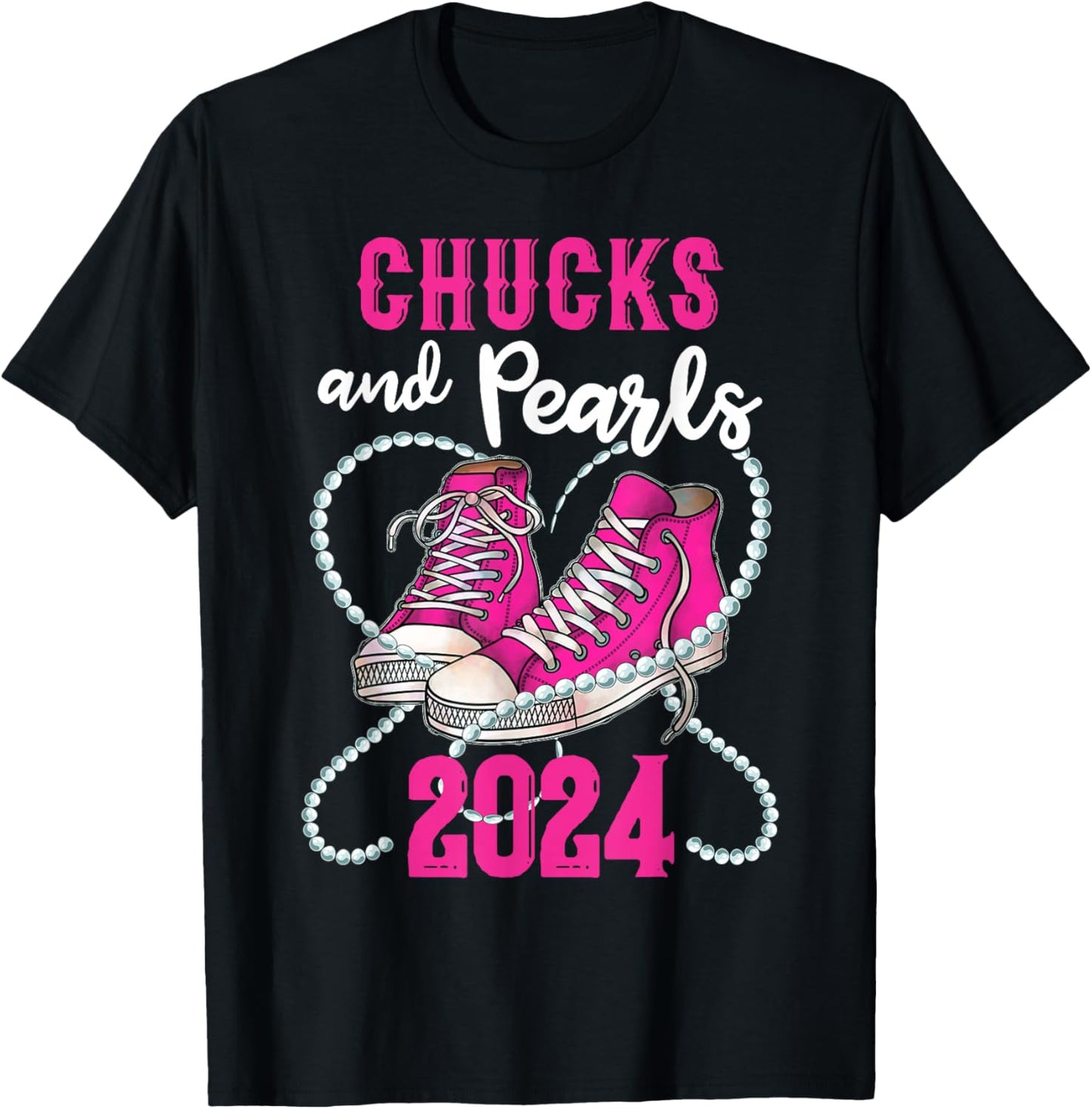 Chucks And Pearls I'm With Her Kamala 2024 President T-Shirt - T-Shirt | Black