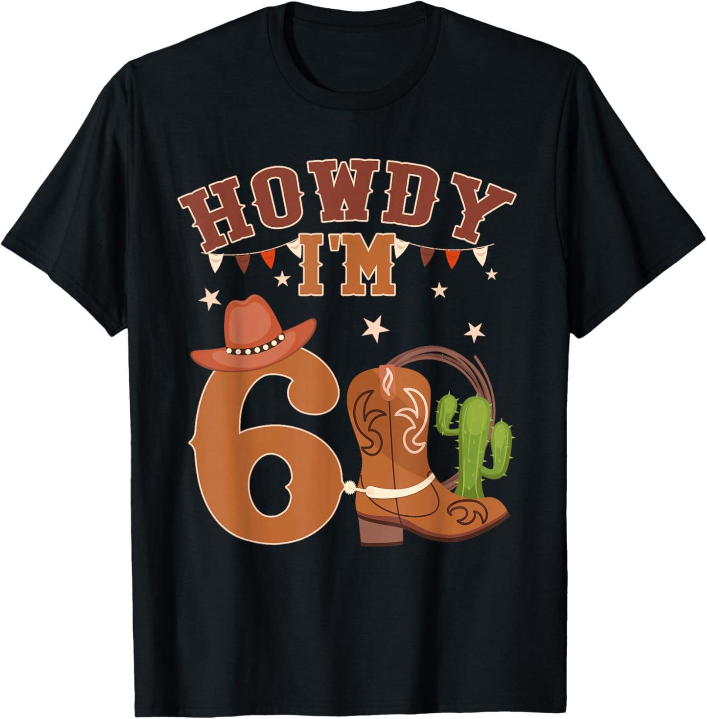Howdy I'm 6 Year Old Birthday Rodeo Cowboy Western 6th T-Shirt - T-Shirt | Black