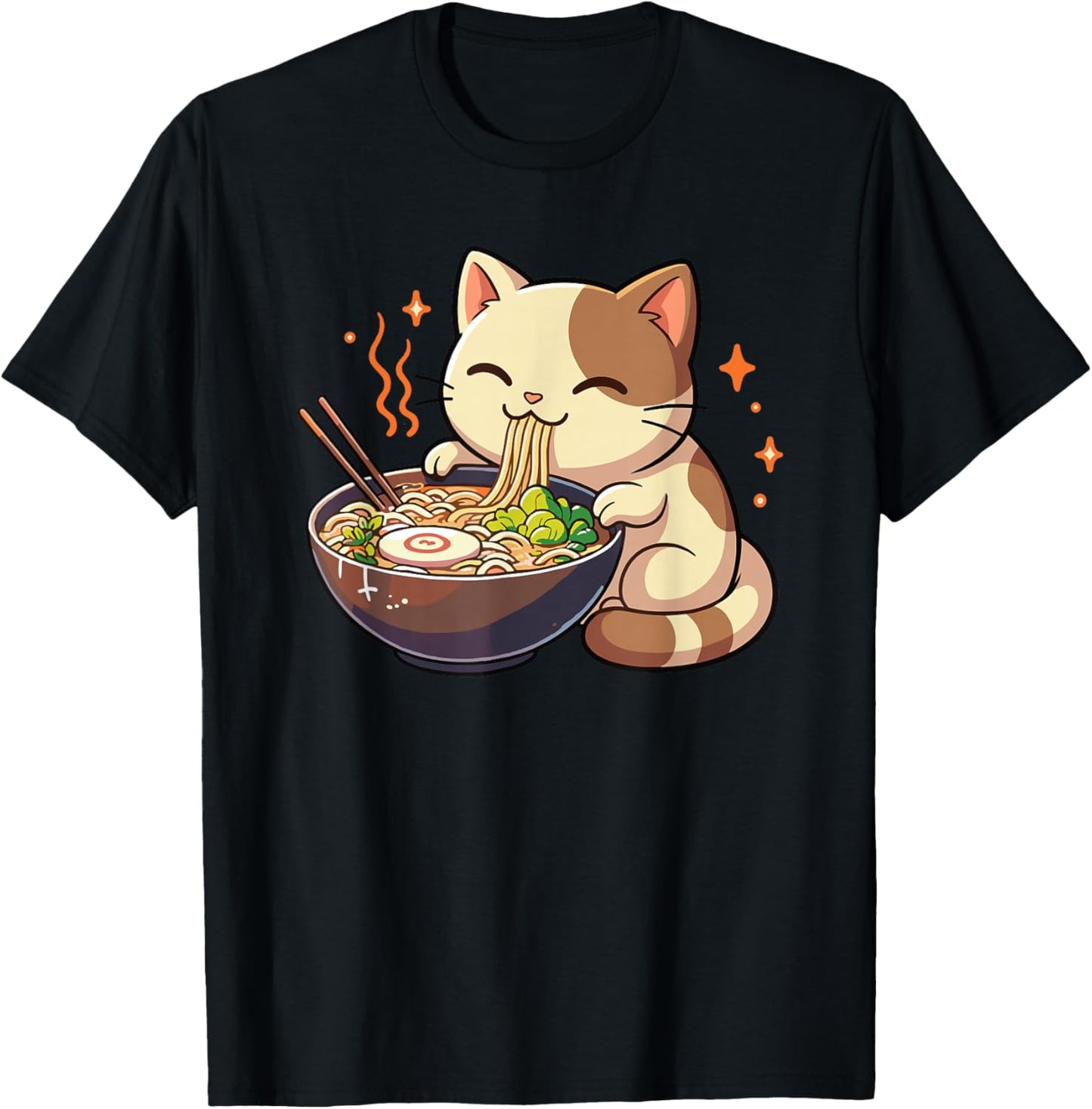 Cat with Noodles Ramen Kawaii Cat T-Shirt - T-Shirt | Black