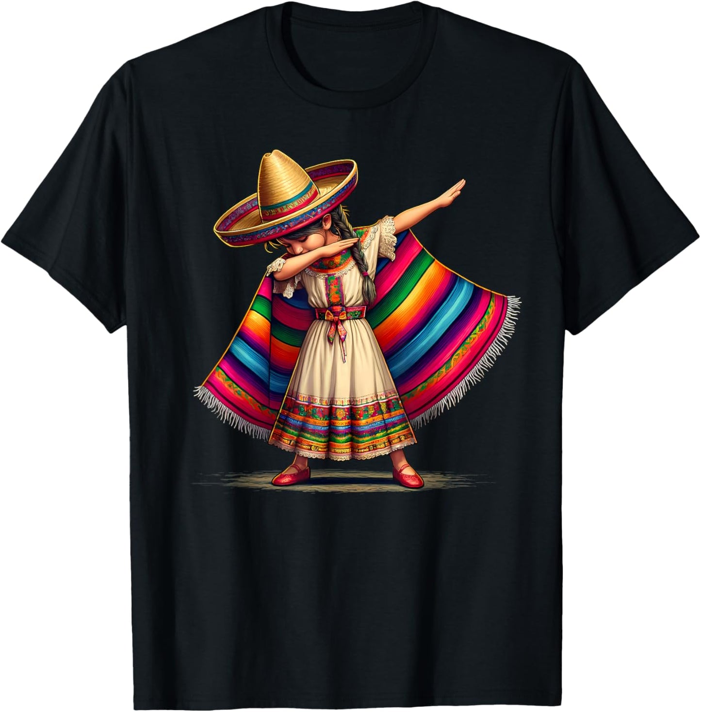 Funny Dabbing Mexican Poncho Sombrero Cinco de Mayo Girl T-Shirt - T-Shirt | Black