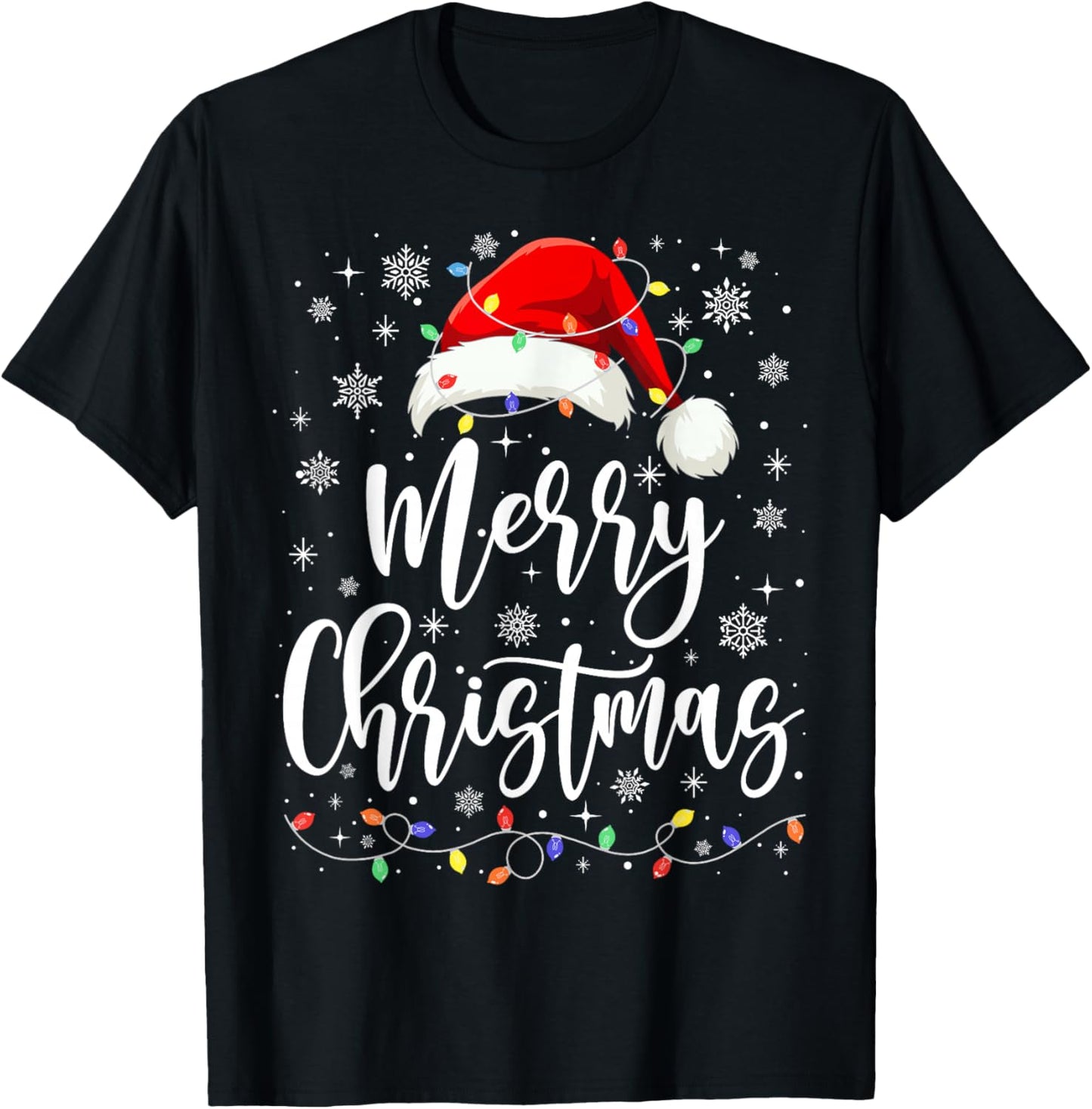 Merry Christmas Lights Red Santa Hat Xmas Family Men Women T-Shirt - T-Shirt | Black