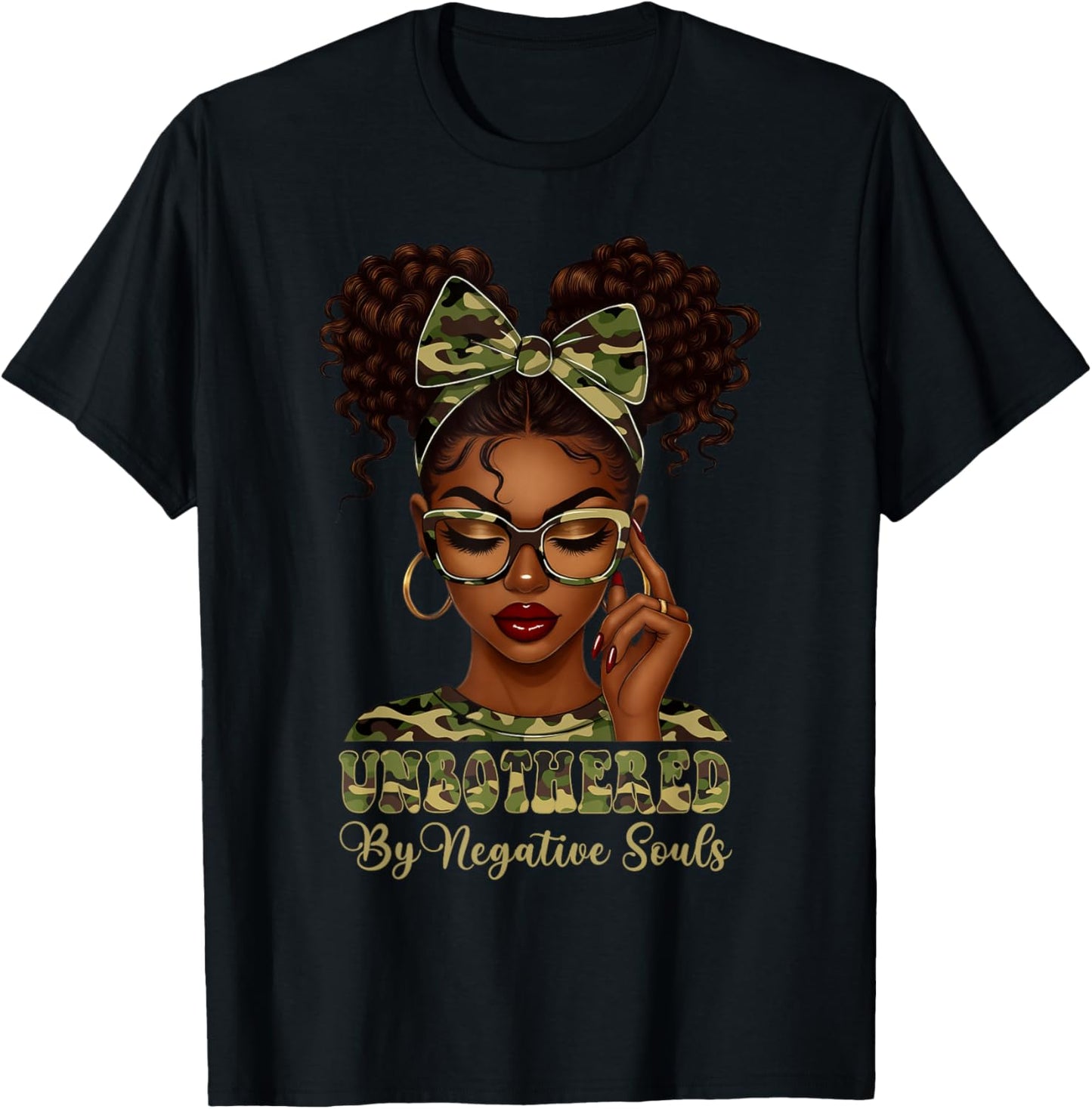 Unbothered By Negative Souls Black Girl Woman Camouflage Bow T-Shirt - T-Shirt | Black