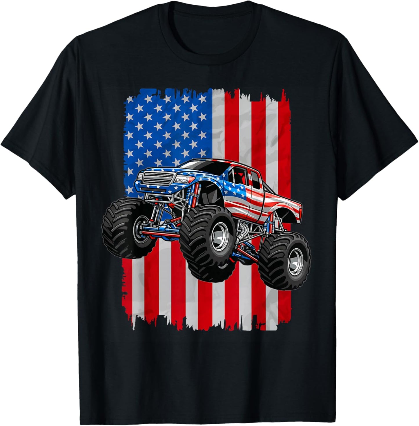 4th of July Monster Trucks USA American Flag Monster Truck T-Shirt - T-Shirt | Black