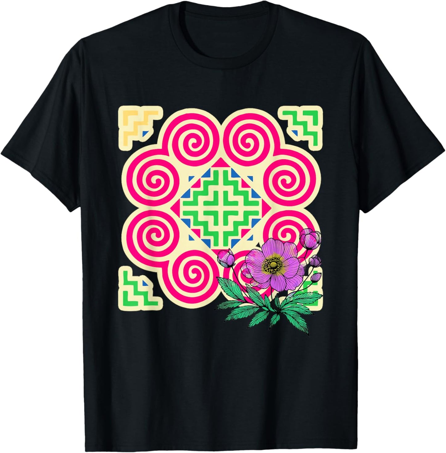 Hmong Pattern Miao Hmoob Patterns Flowers T-Shirt - T-Shirt | Black