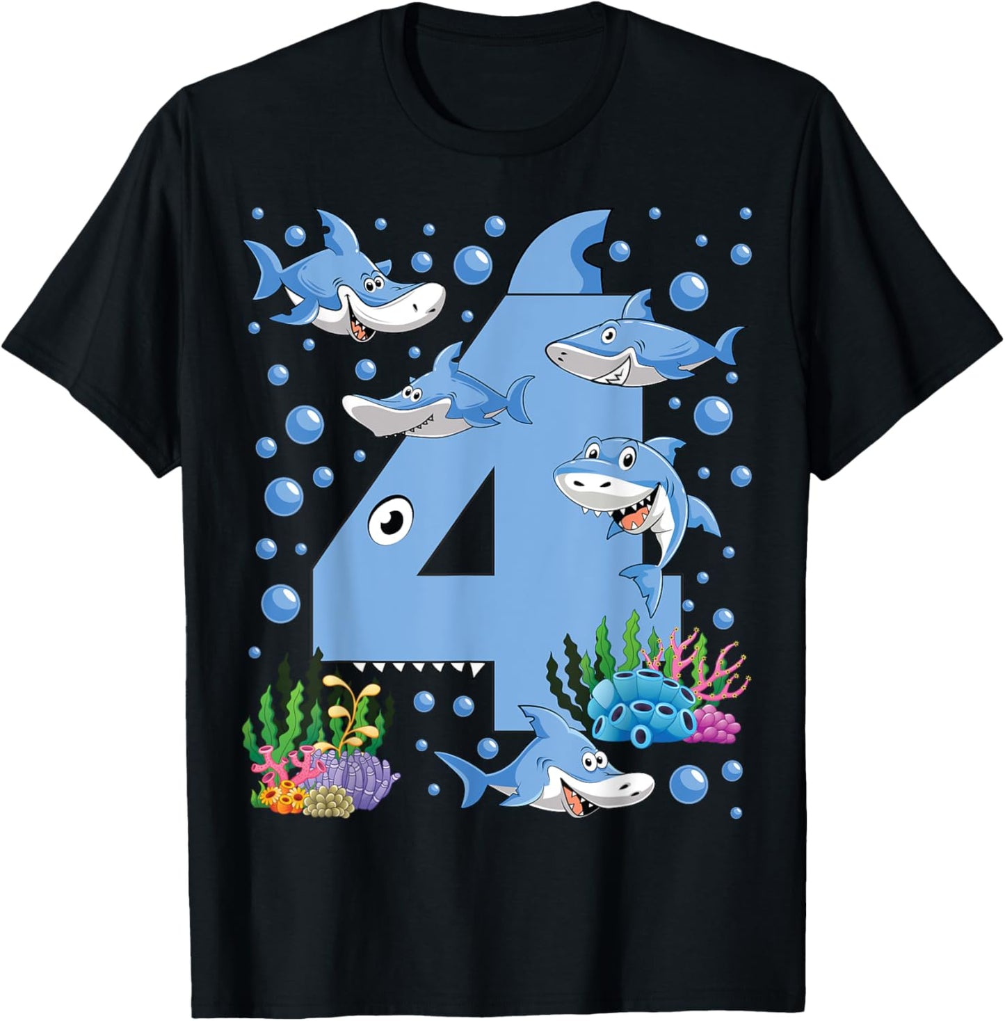 Kids 4 Years Old Shark Ocean Theme 4th Birthday Boy Party T-Shirt - T-Shirt | Black