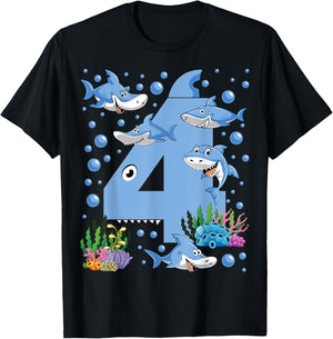 Kids 4 Years Old Shark Ocean Theme 4th Birthday Boy Party T-Shirt - T-Shirt | Black
