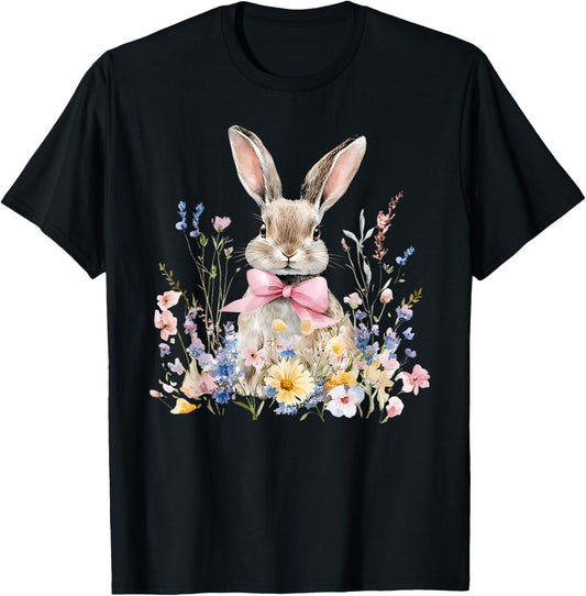 Funny Bunny Wildflower Rabbit Eggs Happy Easter Retro Trendy T-Shirt - T-Shirt | Black