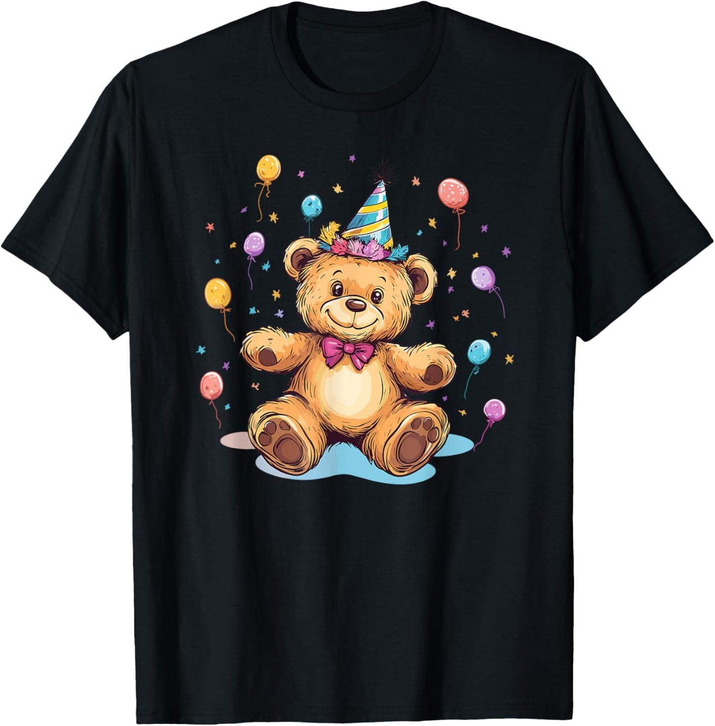 Cute Birthday Teddy Bear With Party Hat And Balloons T-Shirt - T-Shirt | Black