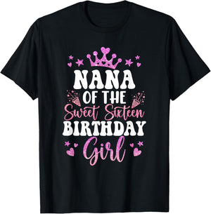 Nana of The Sweet Sixteen Bday Girl 16th Pink Crown T-Shirt - T-Shirt | Black