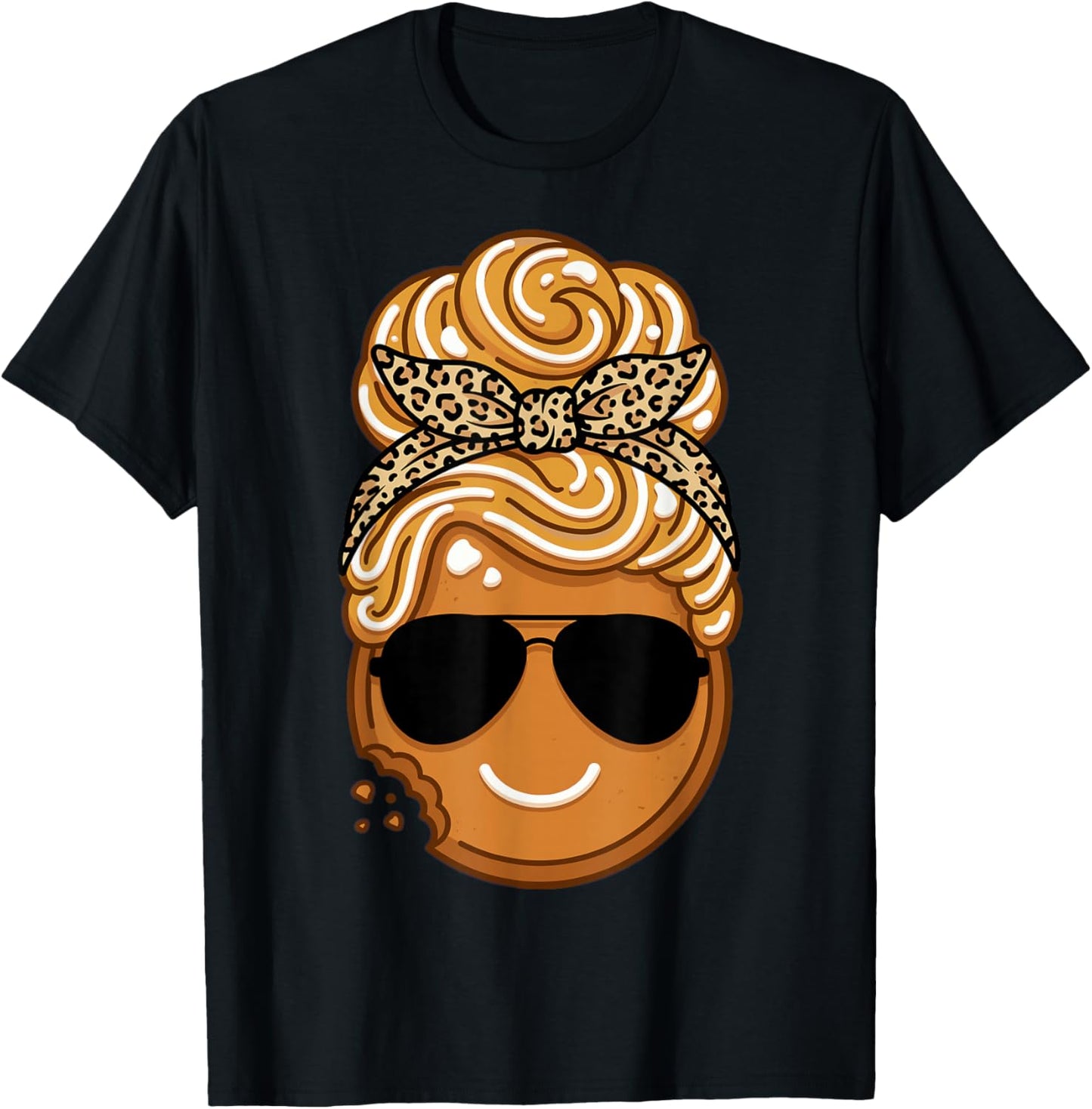 Gingerbread Face Messy Bun Leopard Glasses Christmas T-Shirt - T-Shirt | Black