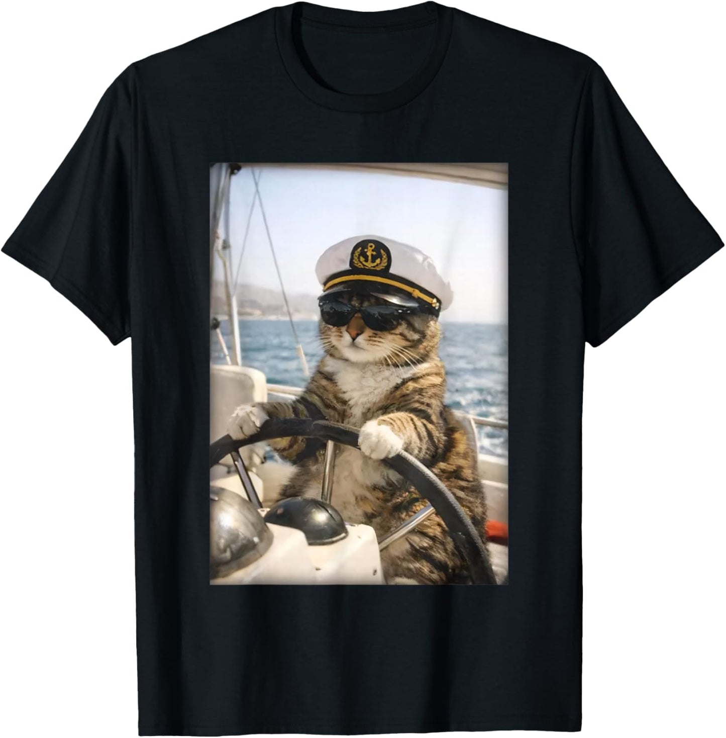 Funny Cat Captain Shirt Sailing Cat Lover Nautical T-Shirt - T-Shirt | Black