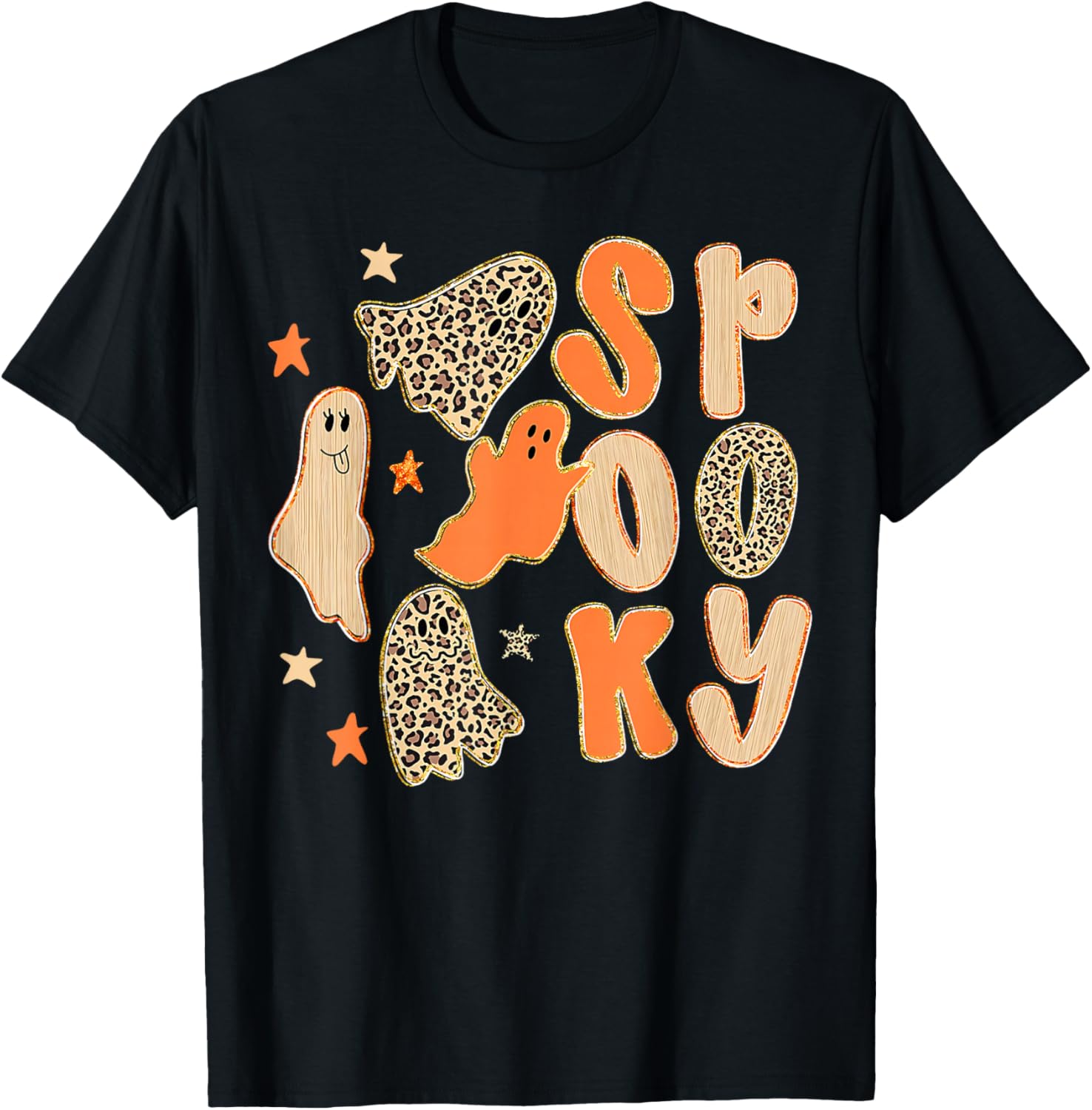 Preppy Leopard Halloween Horror Spooky Season Ghost Boo Girl T-Shirt - T-Shirt | Black