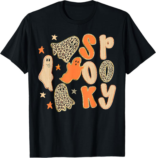 Preppy Leopard Halloween Horror Spooky Season Ghost Boo Girl T-Shirt - T-Shirt | Black