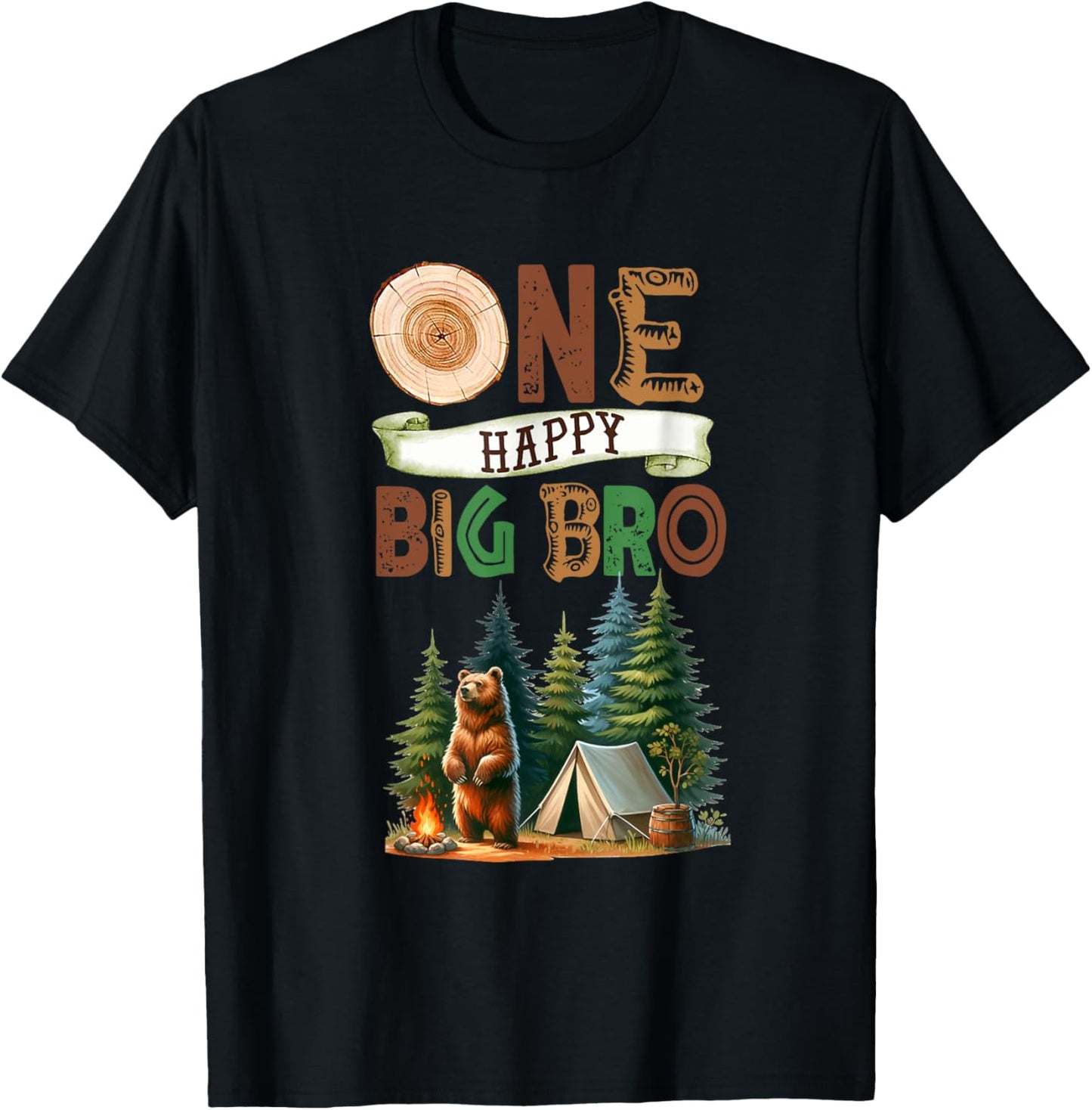 One Happy Big Bro Camper First Birthday Camping Bear Brother T-Shirt - T-Shirt | Black
